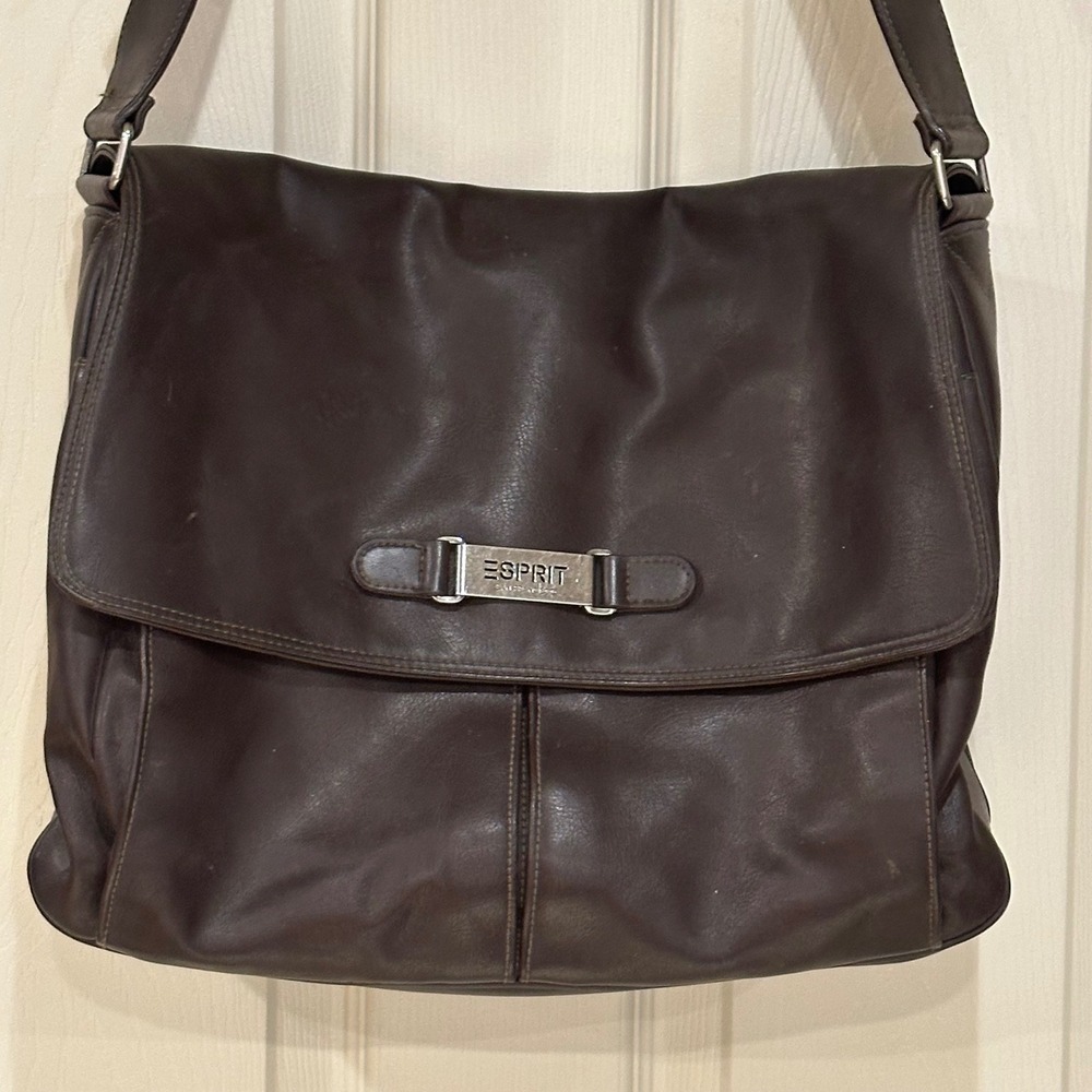 Esprit San Francisco Brown Faux Leather Messenger Crossbody Bag Large Flap Top